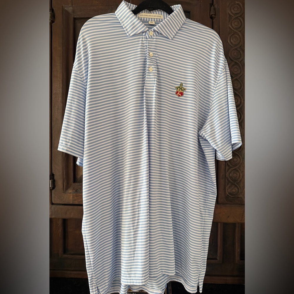 Holderness and Bourne Sea Island Crest Polo. Blue/White Stripes. XXL.
